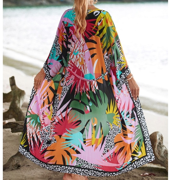 Colorful Tropical Print Duster Beach Cover up Kimono - Picture 3 of 8